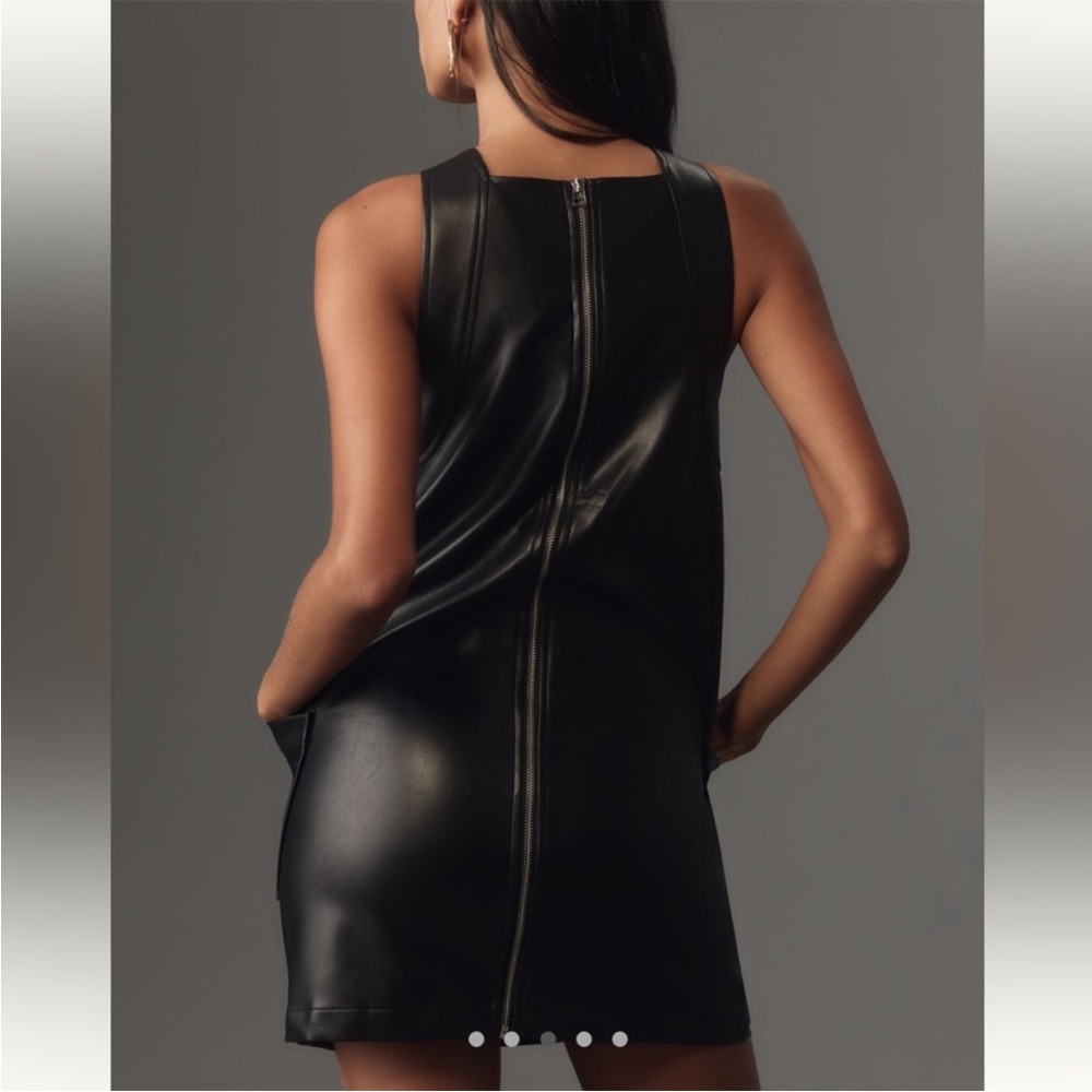 ⭐️ NEW Maeve Anthropologie Small Black Faux Leather Mini Dress With Pockets - Picture 3 of 13